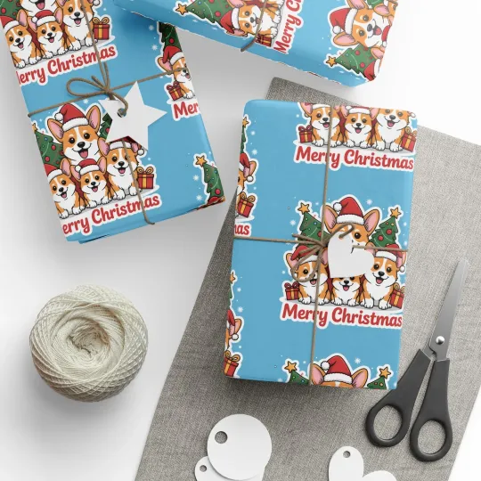 Discover Corgis Merry Christmas Wrapping Paper - Santa Cartoon Puppies, Gift Holiday