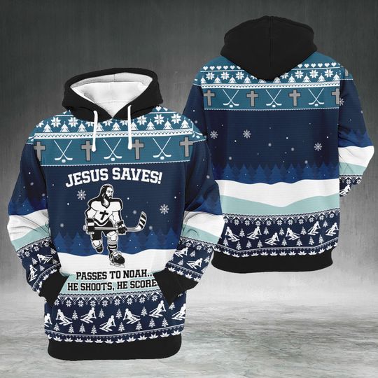 Christian Christmas Hoodie, Jesus Saves Hockey Sweatshirt, Religious Holiday Gift for Men & Women, Xmas Party Outfit