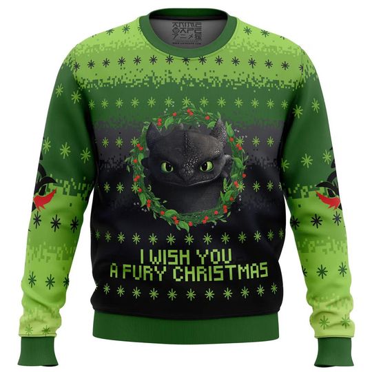 Cute Dragon Christmas Sweater, Funny Toothless Ugly Holiday Jumper, I Wish You a Fury Christmas Sweatshirt, Gift for Fantasy Fans