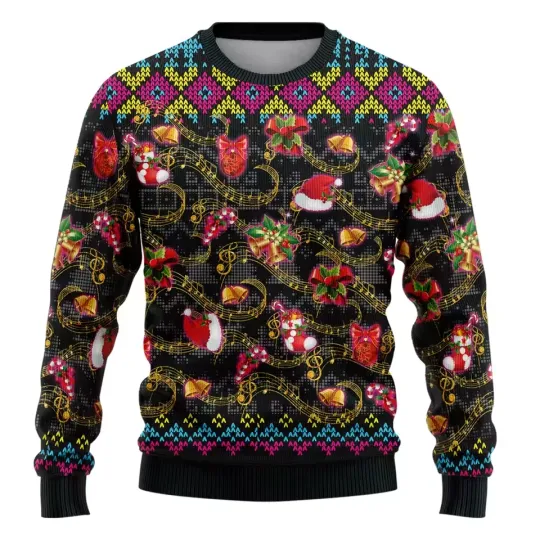 Discover Santa Cat Ugly Christmas Sweater Funny music nout Gifts Poinsettia Holiday