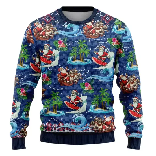 Beach Santa Ugly Christmas Sweater Funny Dolphin Sleigh Jet Ski Palm Holiday