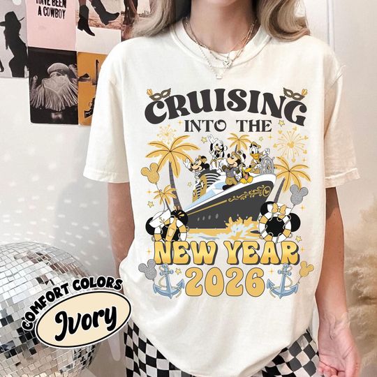 Discover Retro Disney Cruising Into The New Year 2026 Mickey and Friends T-Shirt, Disney Family Tee, Cruise New Year Trip Shirt, New Year Party Shirt
