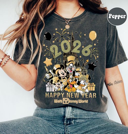 Discover Retro Mickey & Friends Happy New Year Fireworks 2026 Shirt, Disney Family Tee, New Year Crew, Magic Kingdom Happiest New Year on Earth Gifts