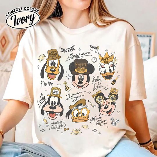 Discover Retro Mickey & Friends Happy New Year Fireworks 2026 Shirt, Disney Family Tee, New Year Crew shirt, Magic Kingdom Happiest New Year on Earth