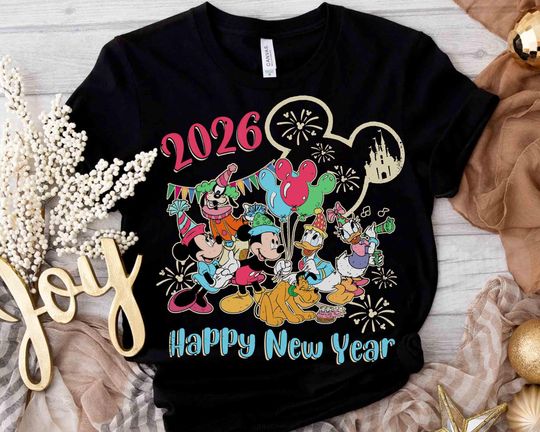 Discover Cute Mickey and Friends Happy New Year Fireworks 2026 T-shirt, Disney Balloon Family Tee, New Year Crew shirt, Magic Kingdom Happiest Place