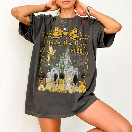 Discover Vintage Coquette Bow Disney Princess 2026 Shirt, Magical Castle New Year Fireworks Shirt, Disney Princess Matching New Year 2026 Trip Tee