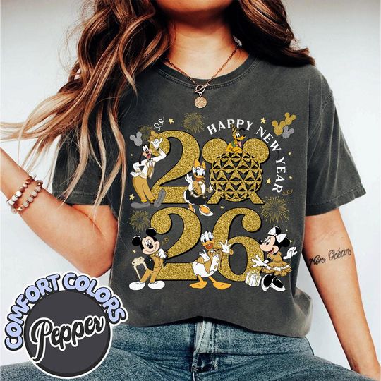 Discover Retro Happy New Year 2026 Disney T-shirt Sweatshirt, Mickey & friends WDW Family Trip Christmas New Year Eve Party, Epcot New Year Shirt