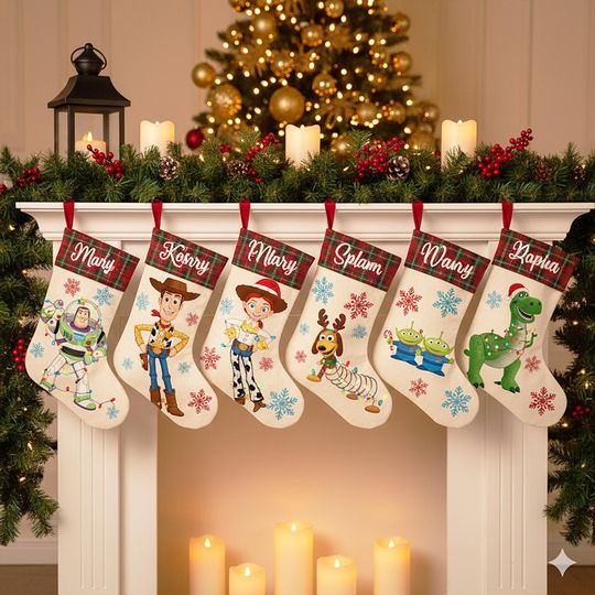 Personalized Toy Story Christmas Stocking, Woody Buzz Jessie Rex Alien Sock, Family Name Holiday Decor, Custom Plaid Cuff Stocking 2025
