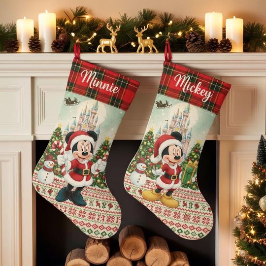 Discover Mickey and Minnie Christmas Stockings, Personalized Disney Holiday Decor, Custom Name Xmas Stockings, Cute Couple Fireplace Socks, 2025 Gift