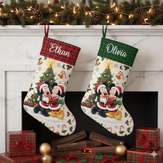 Discover Disney Mickey Minnie Christmas Stockings, Personalized Disney Couple Xmas Stockings, Custom Name Christmas Mantel Decor, Family Gift Ideas