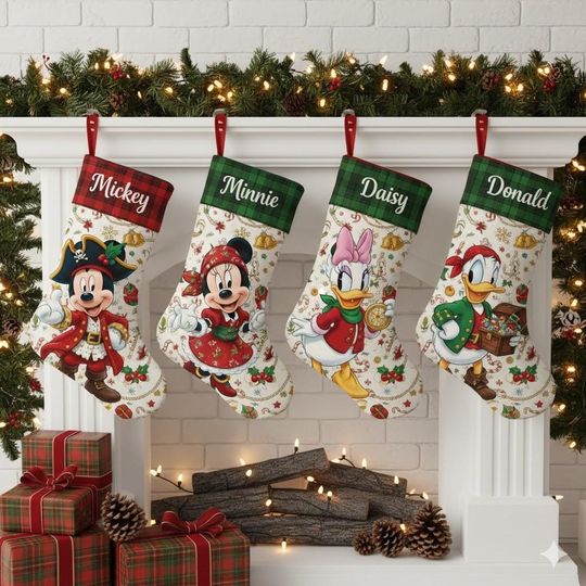 Discover Disney Friends Christmas Pirates Stockings, Custom Mickey Minnie Donald Daisy Stockings, Custom Name Holiday Decor, Christmas Fireplace Gift