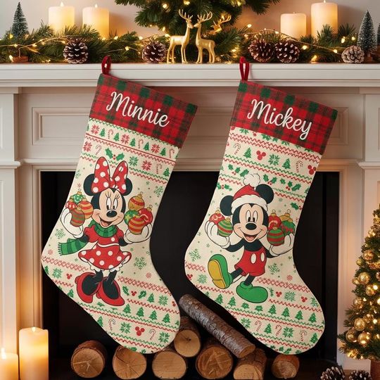 Discover Disney Mickey and Minnie Holiday Stocking, Personalized Disney Couple Xmas Sock, Custom Name Christmas Decoration, Festive Fireplace Decor
