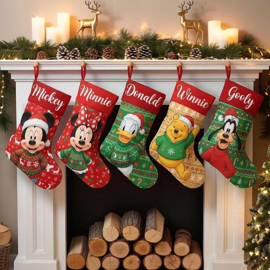Discover Disney Christmas Stocking, Mickey Minnie Donald Goofy Winnie Sock, Personalized Holiday Decor, Custom Name Xmas Gift, Fireplace Stocking