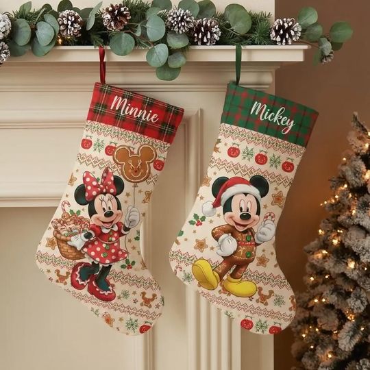 Discover Mickey Minnie Christmas Stocking, Personalized Disney Xmas Sock, Cute Couple Holiday Decor, Custom Name Christmas Gift, Family Stocking Set