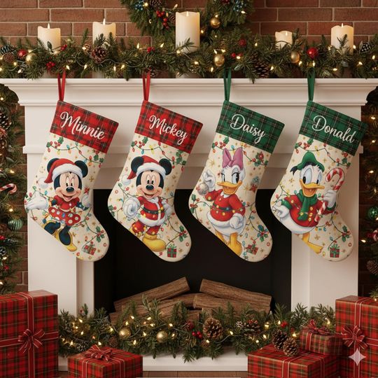 Discover Disney Friends Christmas Stockings, Custom Mickey Minnie Donald Daisy Stockings, Custom Name Holiday Decor, Family Christmas Fireplace Gift