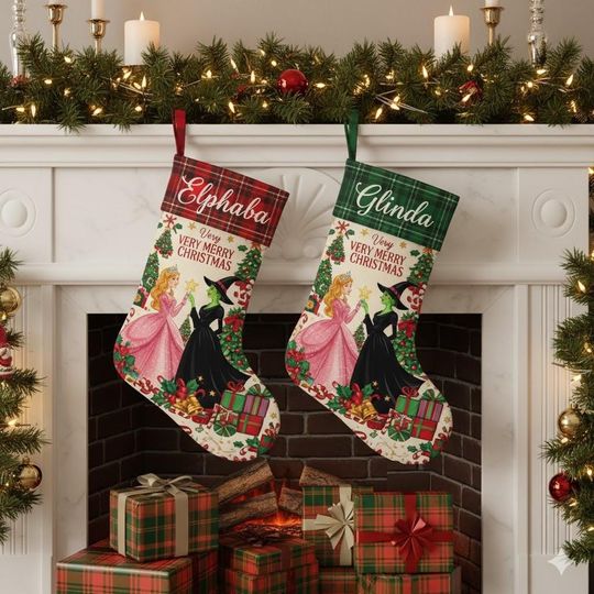 Elphaba & Glinda Witch Princess Christmas Stockings, Very Merry Christmas Stockings, Custom Holiday Mantel Decor, Wizard of Oz Christmas