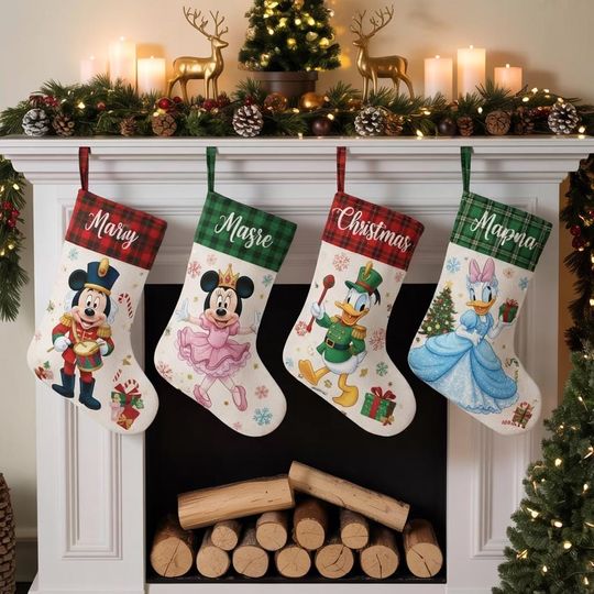Discover Personalized Disney Christmas Stocking,Mickey Minnie Donald Daisy Sock,Custom Disney Holiday Decor, Xmas Stocking,Plaid Cuff Fireplace Decor