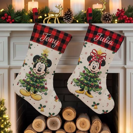 Discover Personalized Mickey Minnie Christmas Stocking, Custom Disney Holiday Sock, Family Name Xmas Decor, Cute Cartoon Fireplace Stocking 2025
