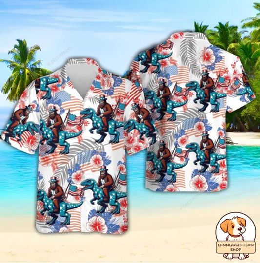 Discover Patriotic Bigfoot Men's Casual Summer Hawaiian Shirt, Bigfoot Riding Dinosaur Hawaiian Shirt
