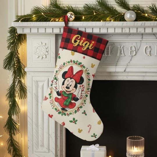 Discover Disney Minnie Christmas Stocking, Minnie Mouse Plaid Cuff Sock, Custom Name Holiday Decor, Xmas Gift for Kids, Disney Fireplace Stocking