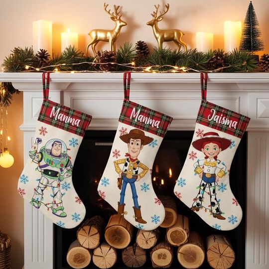 Personalized Toy Story Christmas Stocking, Buzz Lightyear Woody Jessie Sock, Family Name Holiday Decor, Custom Plaid Cuff Stocking 2025