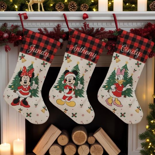 Discover Personalized Disney Christmas Stocking, Custom Name Mickey Minnie Daisy Sock, Family Name Holiday Stocking, Custom Xmas Fireplace Decor 2025