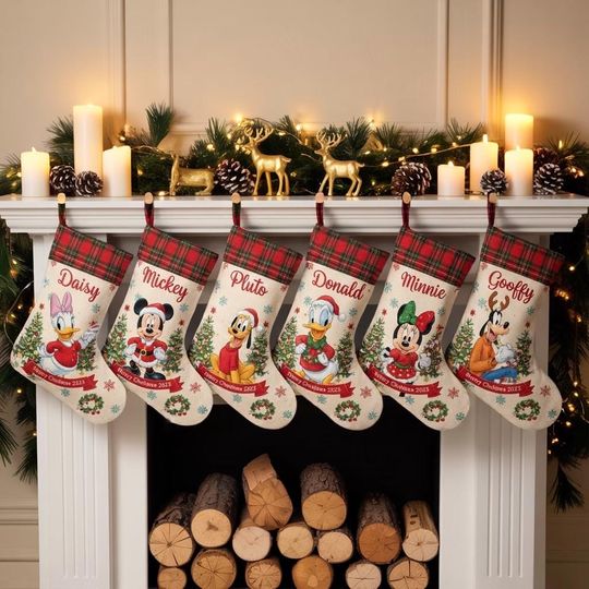 Discover Personalized Disney Christmas Stocking, Mickey Minnie Donald Daisy Pluto Sock, Family Name Holiday Decor, Custom Plaid Cuff Stocking 2025