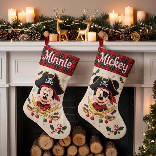 Discover Personalized Disney Christmas Stocking, Mickey Minnie Pirate Stocking, Custom Name Holiday Decor, Plaid Cuff Christmas Sock,Family Gift Idea
