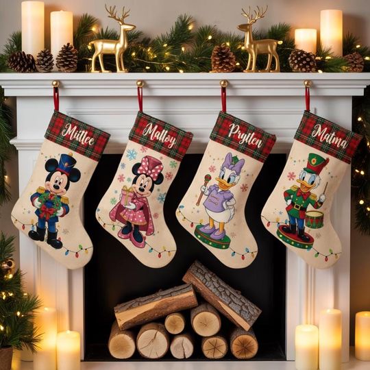 Discover Personalized Disney Nutcracker Christmas Stocking, Mickey Minnie Donald Daisy Stocking, Custom Name Holiday Decor, Plaid Cuff Christmas Sock