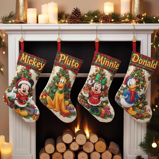 Discover Disney Christmas Stocking, Mickey Minnie Donald Pluto Stocking, Personalized Holiday Sock, Custom Name Xmas Decor, Plaid Cuff Fireplace Gift