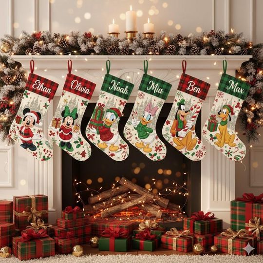 Discover Disney Family Christmas Stockings, Disney Multi Characters Personalized Holiday Mantel Decor, Custom Name Disney Stocking Set