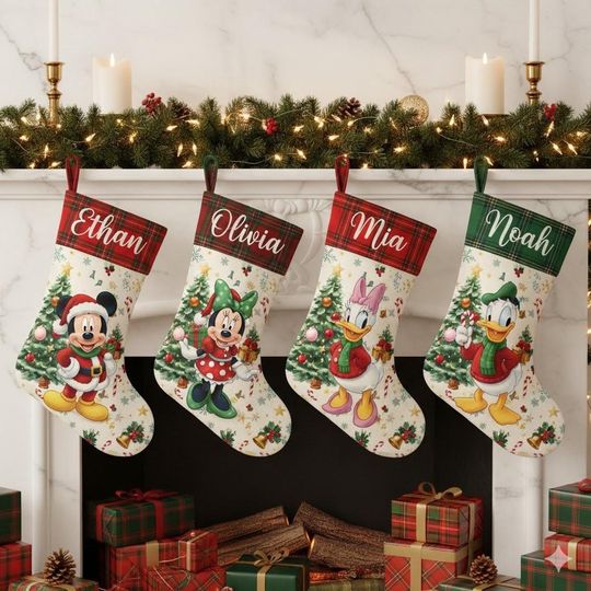 Discover Personalized Disney Christmas Stockings, Mickey Minnie Donald Daisy Holiday Decor, Custom Name Disney Stocking Set, Festive Family Fireplace
