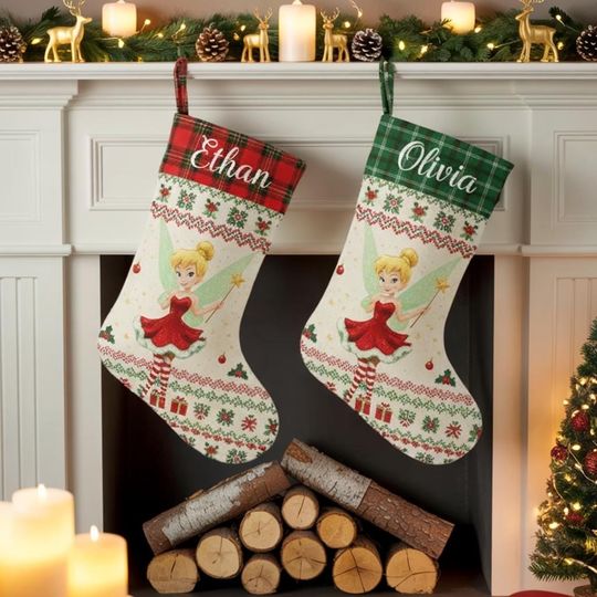 Discover Disney Tinkerbell Christmas Stocking, Personalized Fairy Stocking, Custom Name Holiday Stocking, Kids Christmas Decor, Festive Fairy Sock