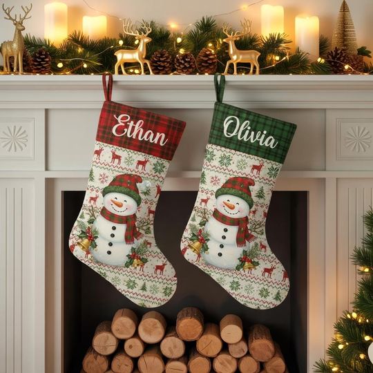 Snowman Christmas Stocking, Personalized Holiday Stocking, Custom Name Plaid Stocking, Kids Christmas Decor, Festive Winter Gift Sock