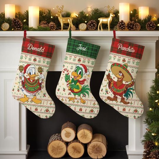Discover Vintage Disney Christmas Stocking Set, Personalized Donald Jos Panchito Stockings, Custom Name Holiday Stocking, Festive Family Xmas Decor