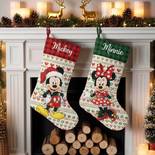 Discover Disney Mickey Minnie Christmas Stocking Set, Personalized Name Holiday Stockings, Custom Knit Plaid Cuff Stockings, Family Fireplace Decor