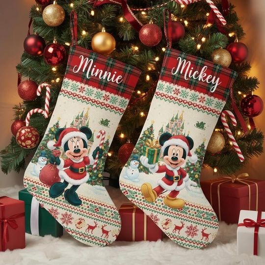Discover Disney Christmas Stockings, Mickey and Minnie Stocking Set, Personalized Disney Holiday Decor, Custom Family Christmas Fireplace Decoration