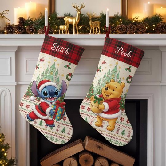 Discover Disney Christmas Stockings, Stitch and Pooh Stocking Set, Personalized Disney Holiday Decor, Custom Family Christmas Fireplace Decoration