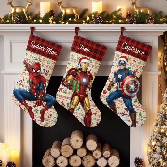 Marvel Christmas Stockings, Superhero Stocking, Spiderman Iron Man Captain Decor, Personalized Marvel Holiday Gift, Kids Christmas Socks