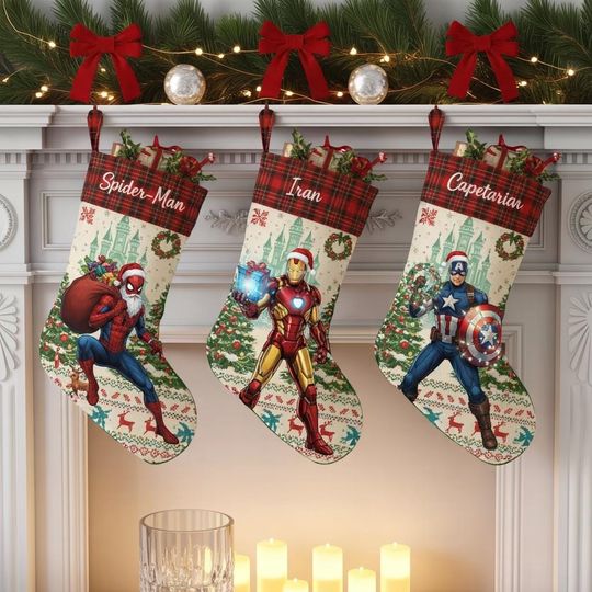 Marvel Christmas Stockings, Superhero Stocking, Spiderman Iron Man Captain Decor, Custom Marvel Holiday, Avengers Xmas Fireplace Socks