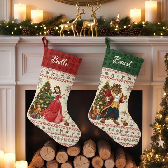 Discover Beauty and the Beast Christmas Stocking Set, Personalized Holiday Stockings, Custom Name Plaid Cuff Stockings, Disney Princess Sock Dcor