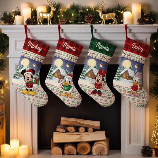 Discover Personalized Disney Christmas Stockings, Mickey & Friends Holiday Fireplace Sack, Custom Name Disney Character Stocking Family Gift 2025