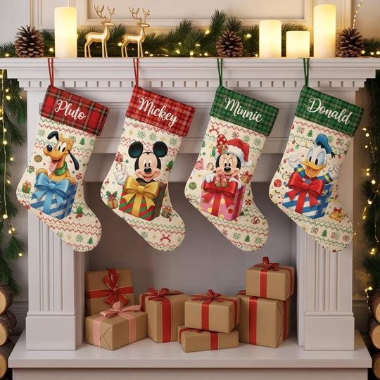 Discover Personalized Disney Christmas Stocking Set, Mickey Minnie Donald Pluto Socks, Custom Name Holiday Decor, Cute Family Xmas Gift for Kids