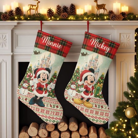 Discover Disney Mickey Minnie Santa Christmas Stocking, Custom Name Holiday Stocking, Disney Couple Gift, Festive Fireplace Decoration, Disney Castle