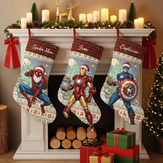 Marvel Superhero Christmas Stocking, Personalized Spider-Man Iron Man Captain Socks, Custom Name Holiday Decor, Kids Xmas Gift Idea