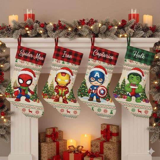 Cute Marvel Chibi Christmas Stocking , Personalize Spider-Man Iron Man Captain Hulk Socks, Custom Name Holiday Decor, Kids Xmas Gift Idea