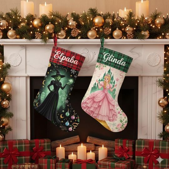 Wicked Christmas Stockings, Elphaba Glinda Stocking, Custom Holiday Witched Decor, Wizard of Oz Gift, Custom Name Xmas Mantel Decor