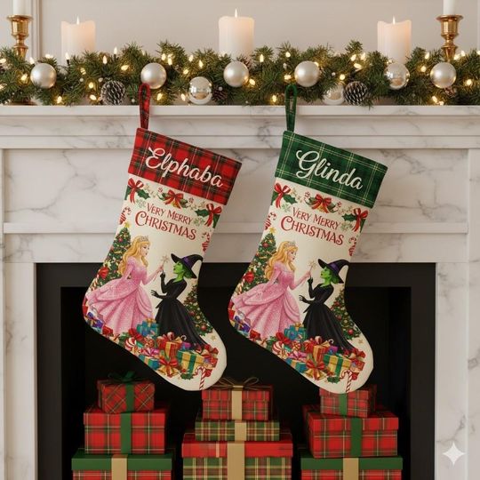 Elphaba & Glinda Personalized Christmas Stocking, Wicked Christmas Stockings, Wizard of Oz Fan Gift, Custom Name Christmas Mantel Decoration