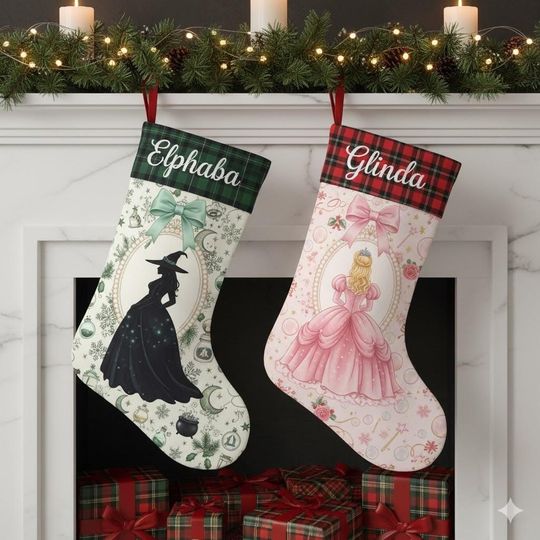 Elphaba and Glinda Christmas Stockings, Wicked Stocking, Wizard of Oz Holiday Decor, Personalized Name Stocking, Custom Christmas Gift