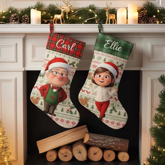 Discover Up Movie Christmas Stockings, Personalized Carl and Ellie Stocking Set, Custom Name Holiday Socks, Disney Pixar Christmas Decor, Couple Gift